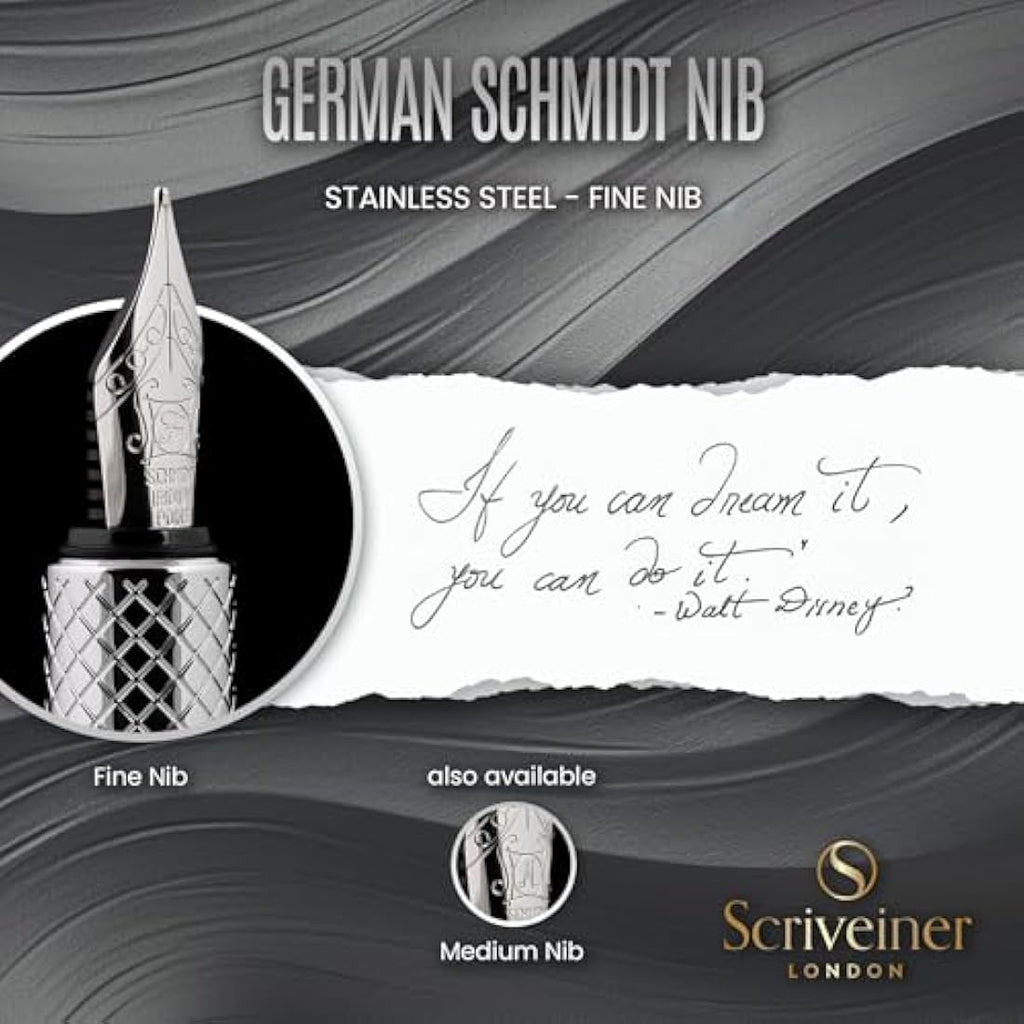 Scriveiner Silver Chrome Fountain Pen | Fine Schmidt Nib Pocket Pen