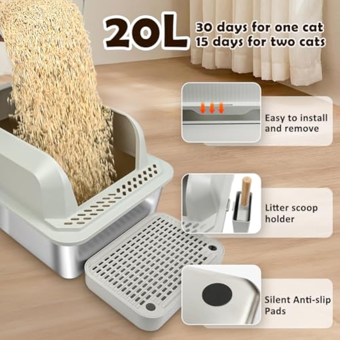 Jolof Store XL Stainless Steel Cat Litter Box with Lid and Mat