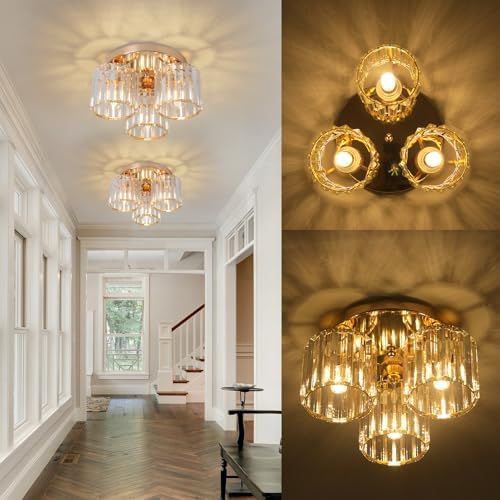 ZYDTRIP Modern Gold Crystal Chandelier – 3-Light Semi Flush Ceiling Fixture
