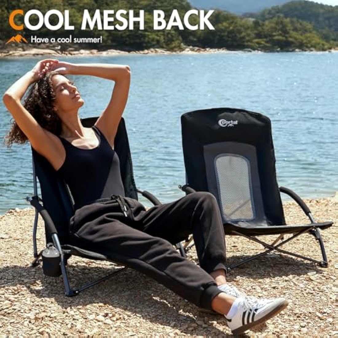 Portal Folding Beach Chair – Lightweight Low Portable Seat with Cupholder