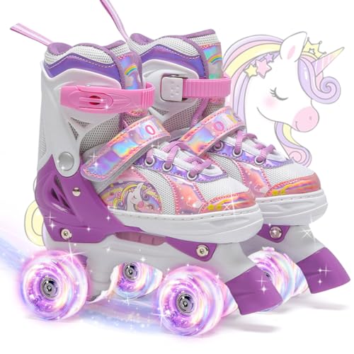 OLYSPM Kids Roller Skates – 4 Sizes Adjustable Quad Skates with LED Wheels