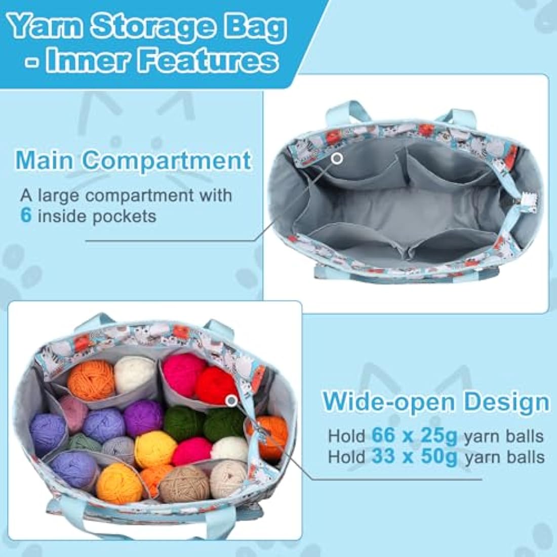 Aeelkie Knitting Bag - Large Yarn Storage Tote with Compartments, Blue Cat