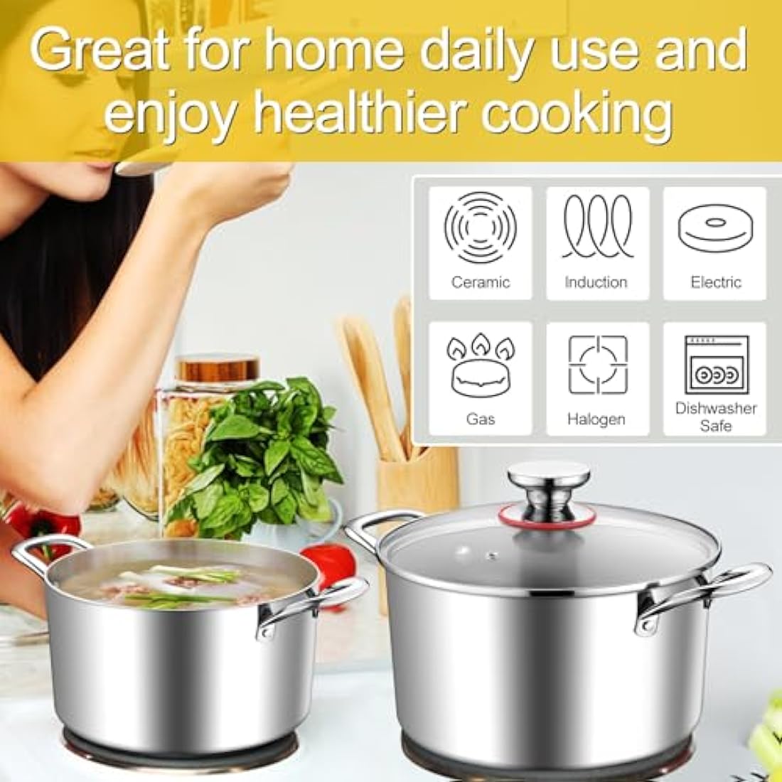 Jolof Store 5.8L Tri-Ply Stainless Steel Stock Pot with Glass Lid