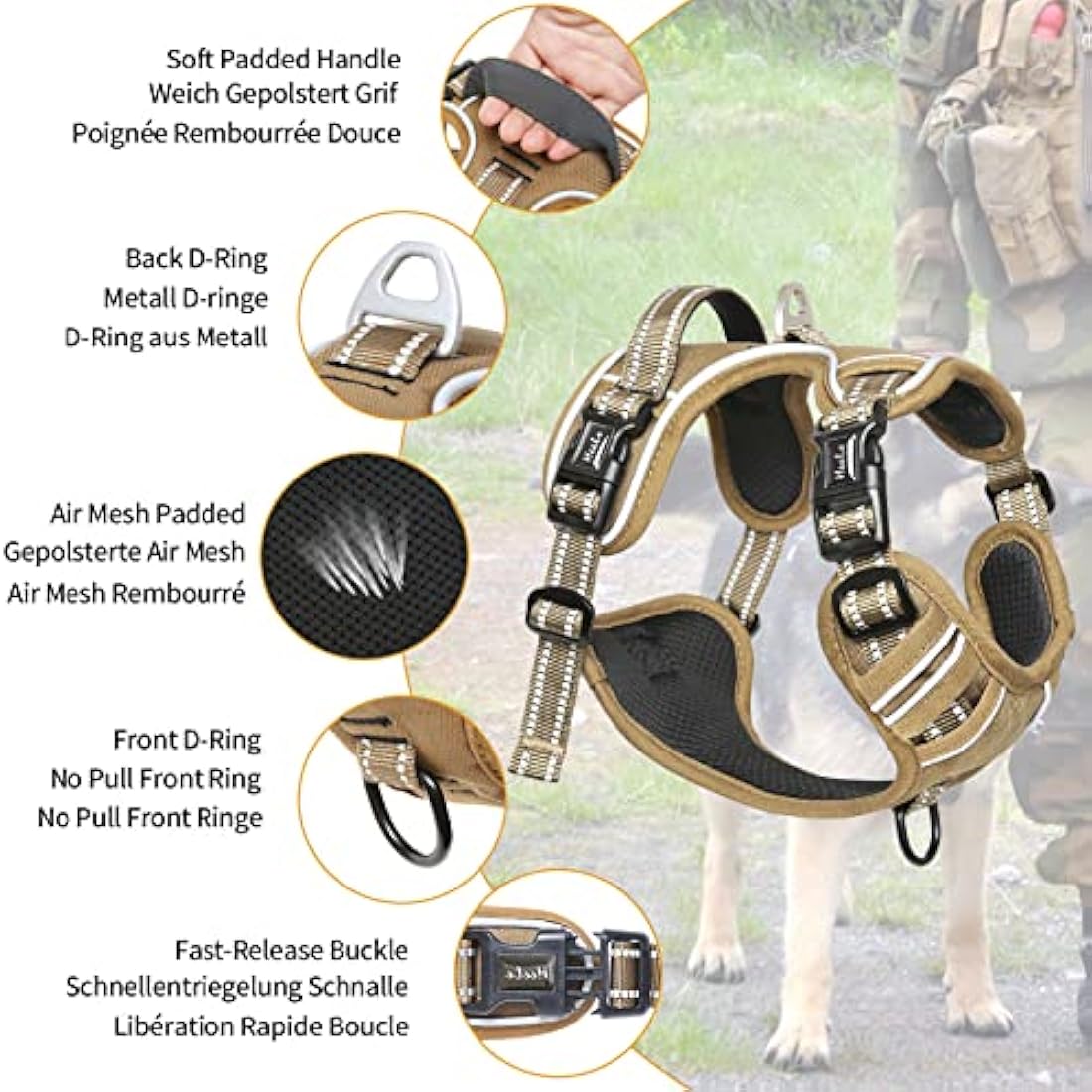 HEELE No Pull Dog Harness – Reflective Padded Vest with Neck Clip, Bronze