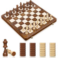 Tumu 16 Inch Magnetic Wooden Chess and Checkers Set - 2 in 1 Travel Board
