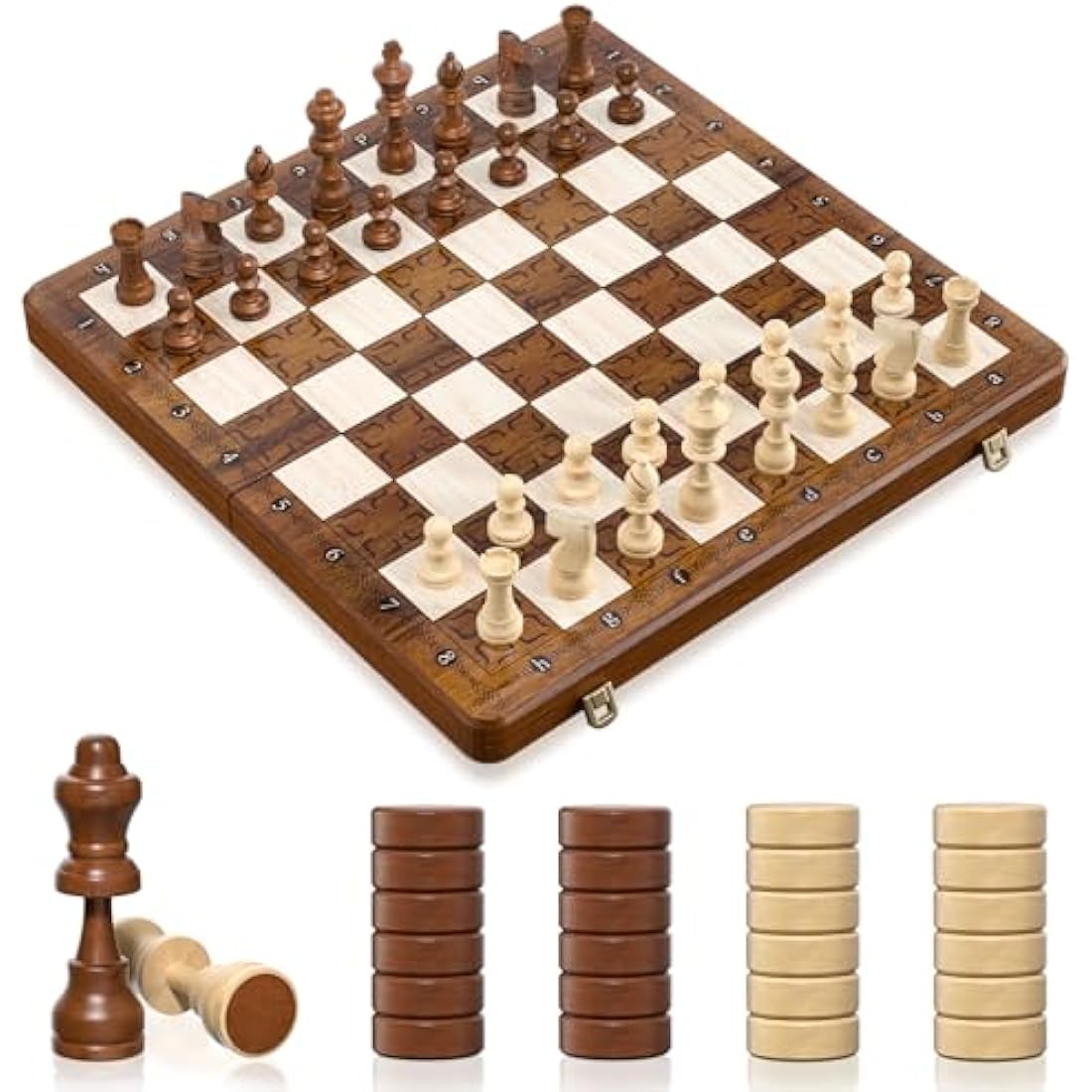 Tumu 16 Inch Magnetic Wooden Chess and Checkers Set - 2 in 1 Travel Board