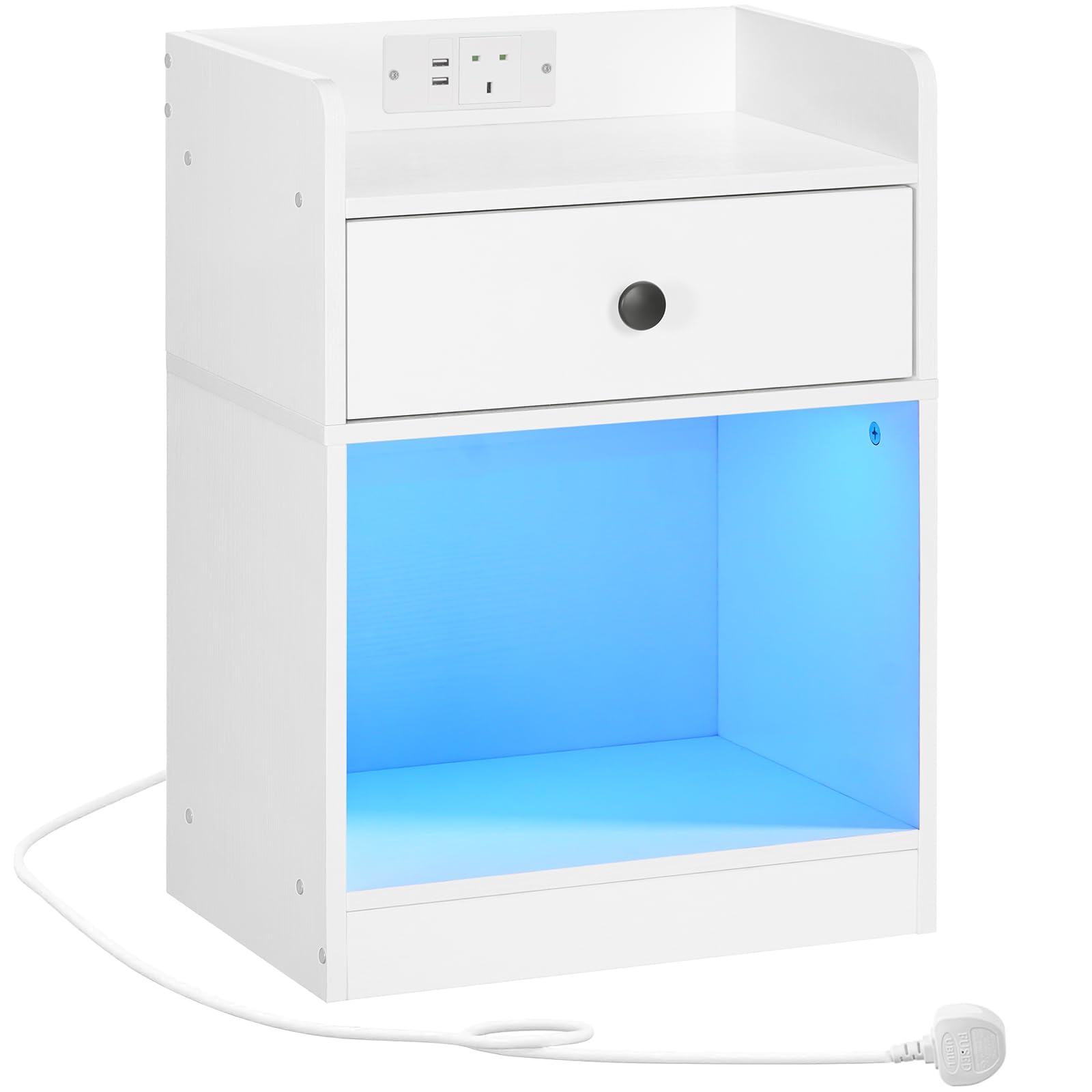 HOOBRO Bedside Table with Charging Station and LED Lights - White