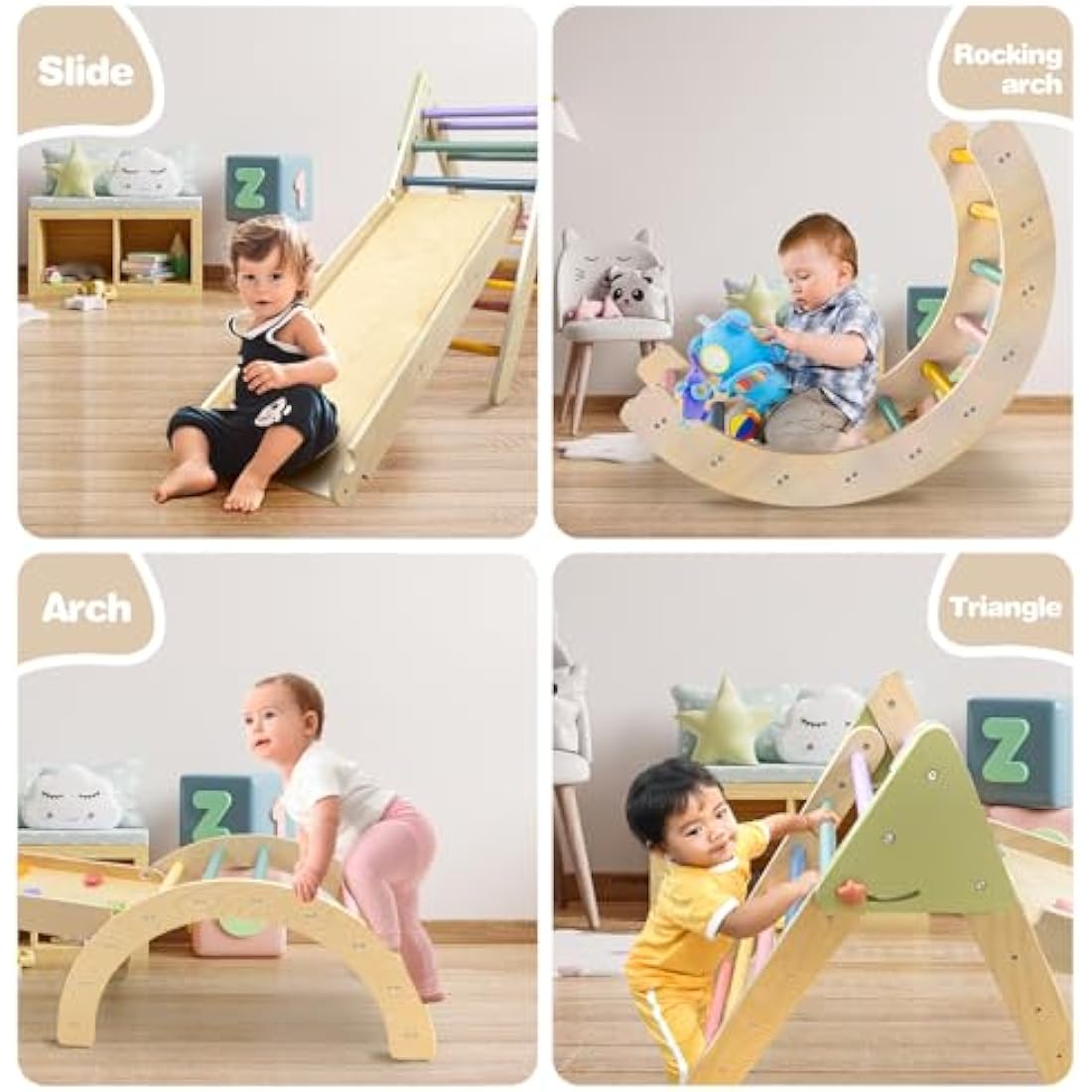 3-in-1 Wooden Pikler Triangle Set - Montessori Climbing Gym