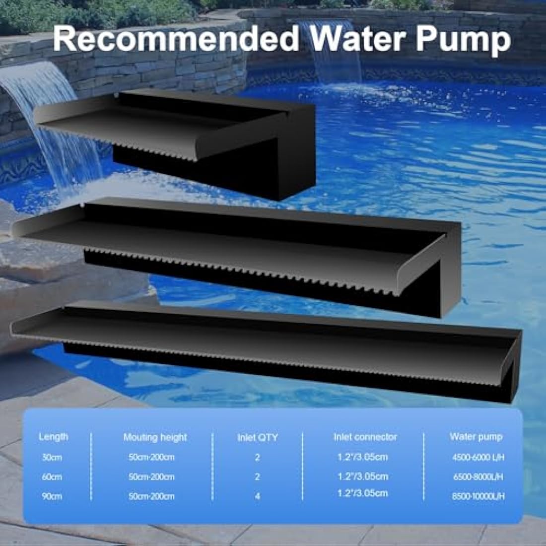 Stainless Steel Pool Waterfall Spillway – 60cm Black Pond Fountain