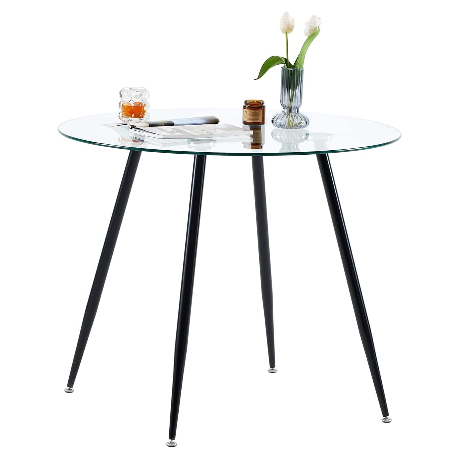 GOLDFAN Round Glass Dining Table - 80cm Tempered Top with Black Legs