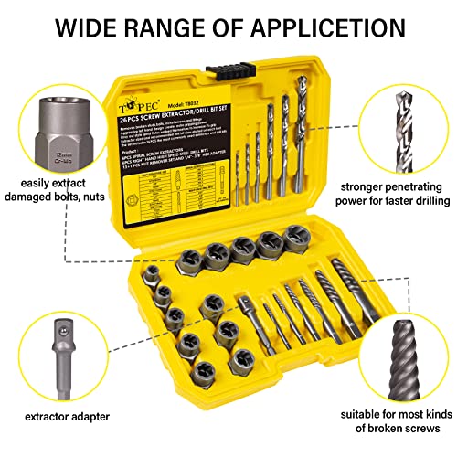 Topec 26-Piece Broken Bolt Extractor Set | Stripped Screw & Nut Remover Kit