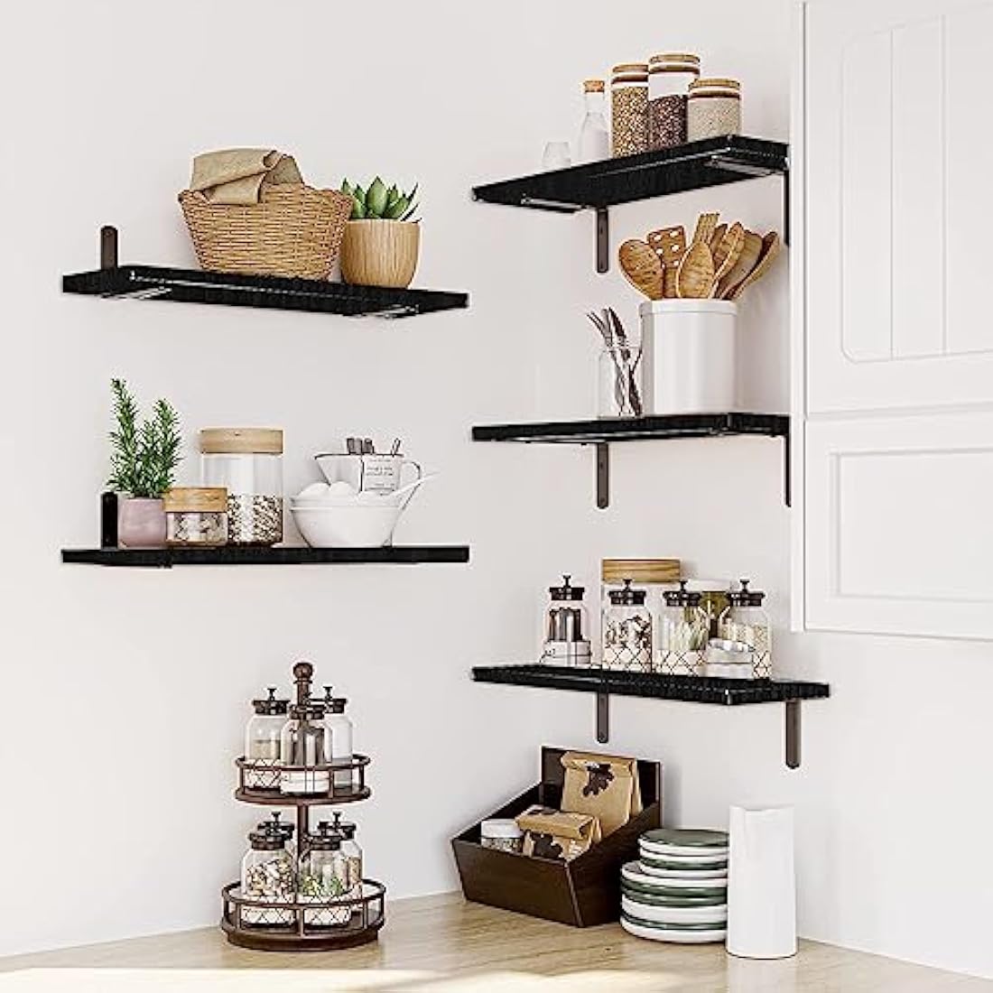 Mardili Rustic Wood Floating Shelves – Set of 5 Wall Mounted Shelves, Black