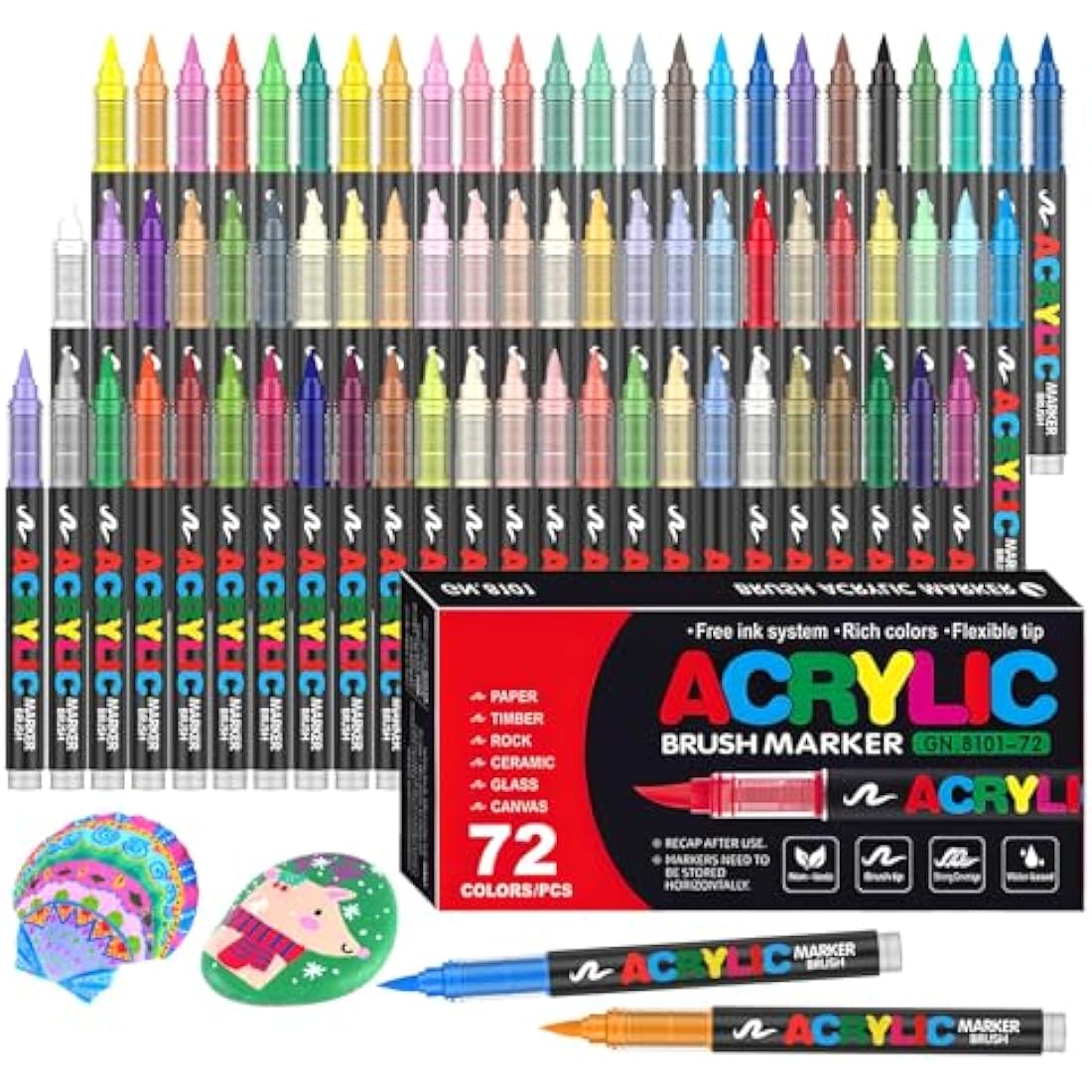 Efimeso 72 Colors Acrylic Paint Pens – Water-Based Brush Markers for Rock Art