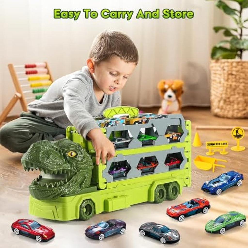 VATOS Dinosaur Transport Truck Toy – Portable Race Track Set with 6 Cars