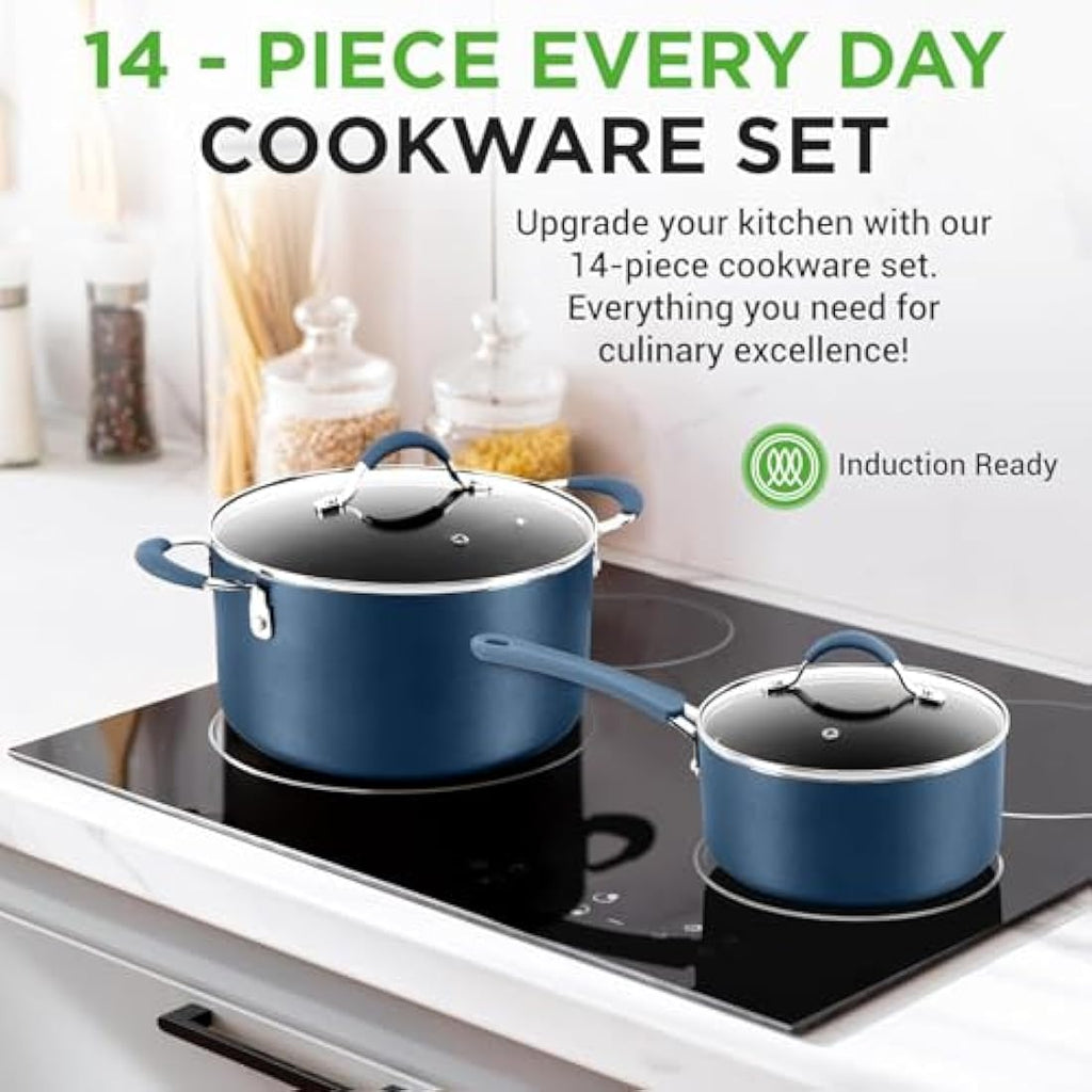 NutriChef 14-Piece Ceramic Non-Stick Cookware Set – Blue Induction Pots