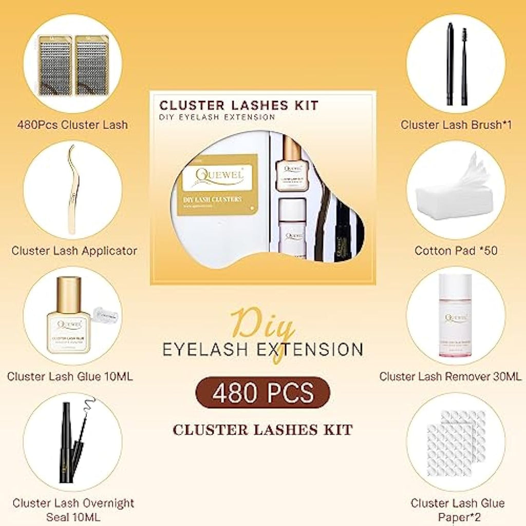 QUEWEL DIY Lash Extensions Kit - 480 Cluster Lashes with Glue & Remover