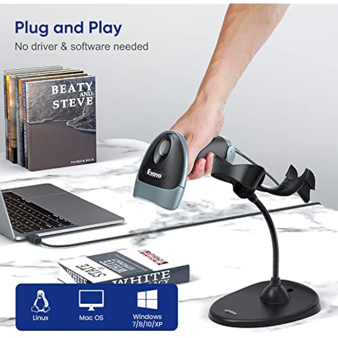 Eyoyo 2D QR Barcode Scanner with Gooseneck Stand | Wired USB POS Reader