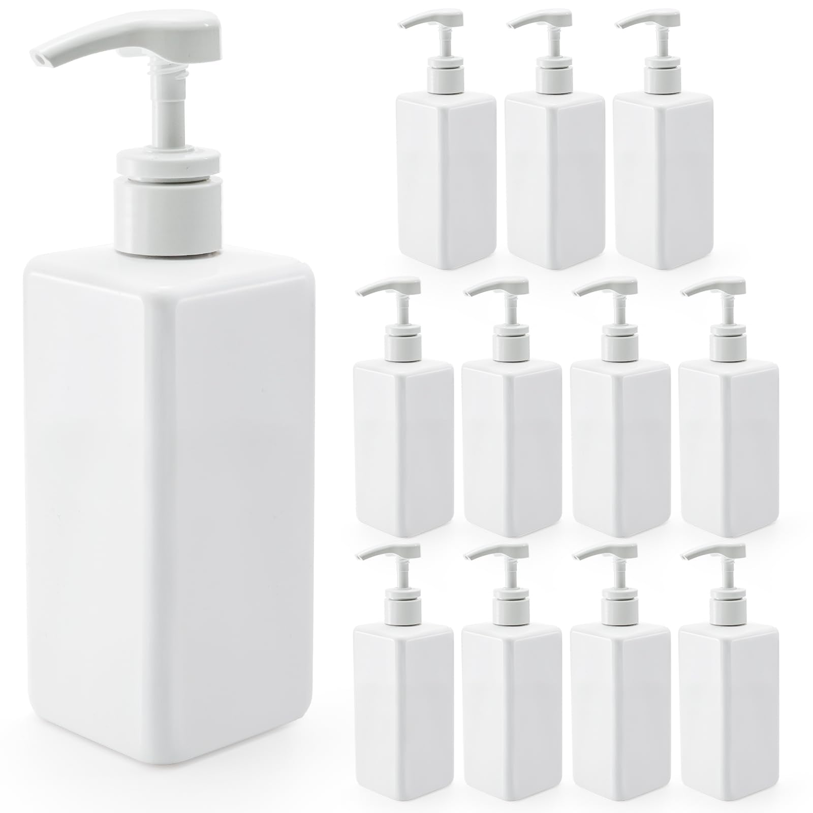 Okllen 12 Pack Plastic Pump Bottles – 16oz White Square Soap Dispensers