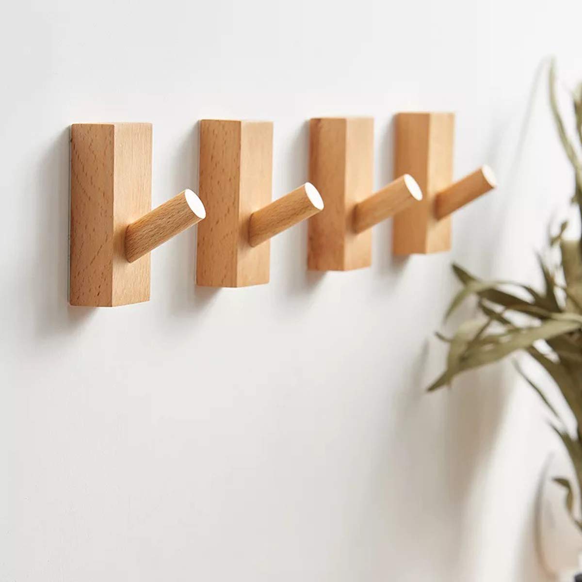 Wooden Wall Hooks – 4-Pack Natural Beech Wood Coat Rack