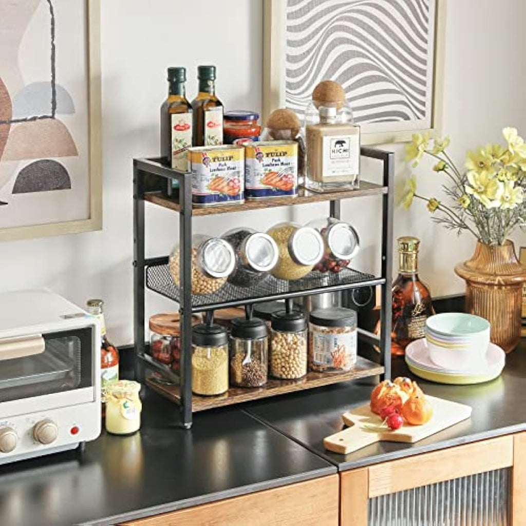 IBUYKE 3-Tier Spice Rack – Industrial Wood & Metal Countertop Organizer
