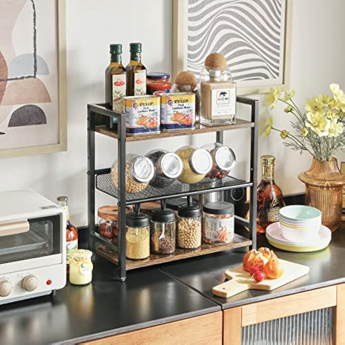IBUYKE 3-Tier Spice Rack – Industrial Wood & Metal Countertop Organizer