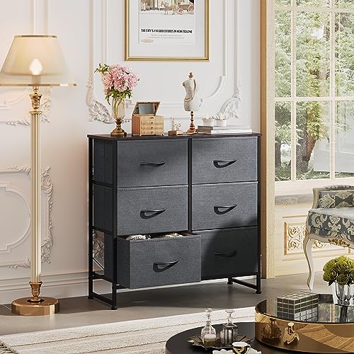 WLIVE 6-Drawer Fabric Dresser | Steel Frame Storage Cabinet, Black Walnut