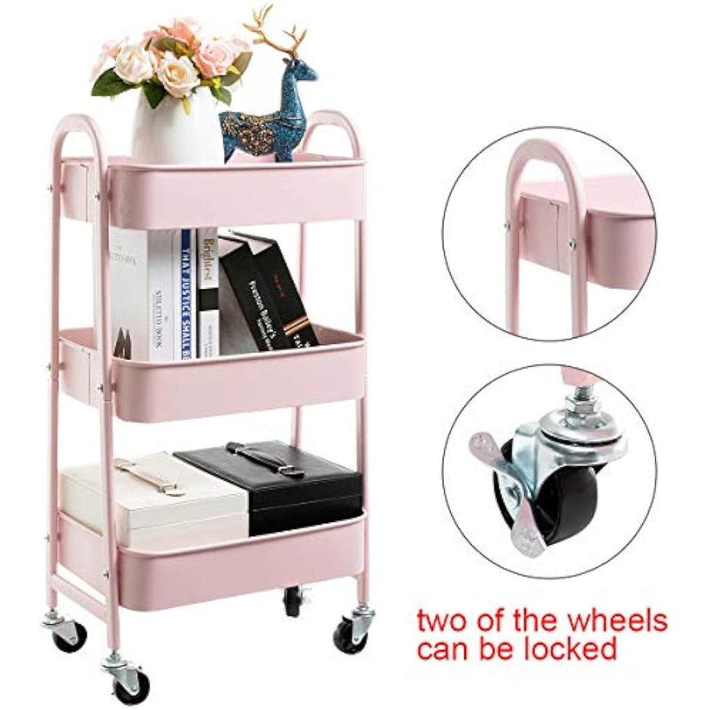 DOEWORKS 3-Tier Metal Rolling Storage Cart | Pink Utility Trolley