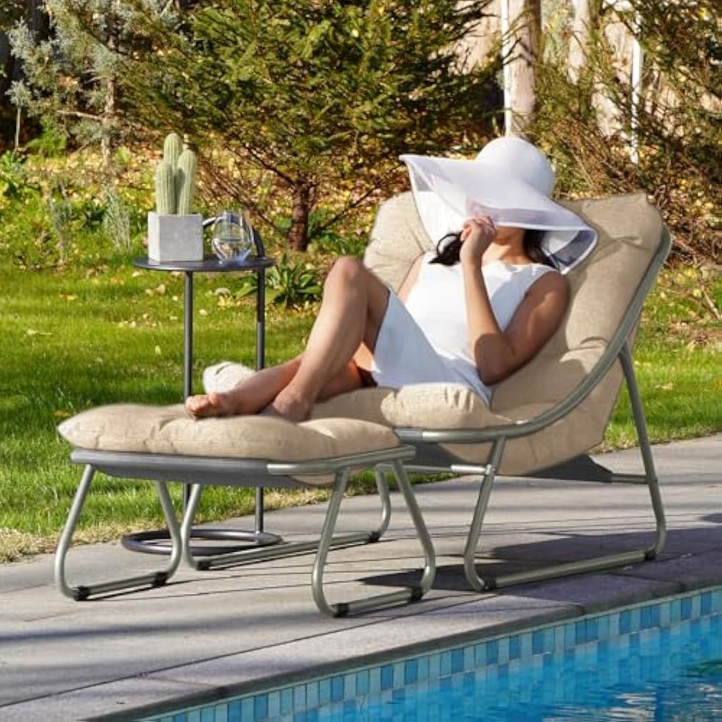 Grand Patio Sun Lounger with Side Table & Footstool - Champagne Steel