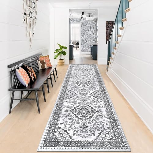Enyhom Washable Hallway Runner Rug – 60x240cm Grey Non-Slip Boho Carpet