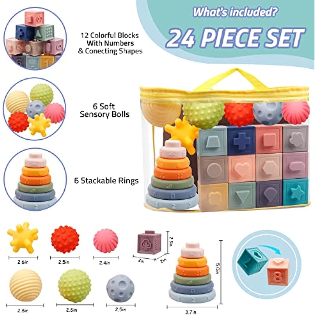 Jolof Store Montessori Baby Toys – 24pc Soft Sensory Blocks & Teethers