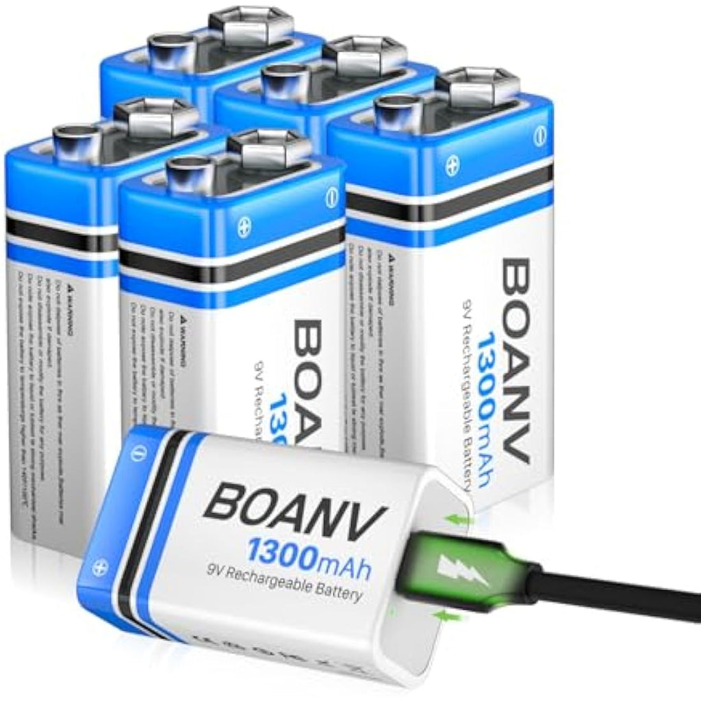 Jolof Store 9V Rechargeable Lithium Batteries 1300mAh USB-C 6 Pack