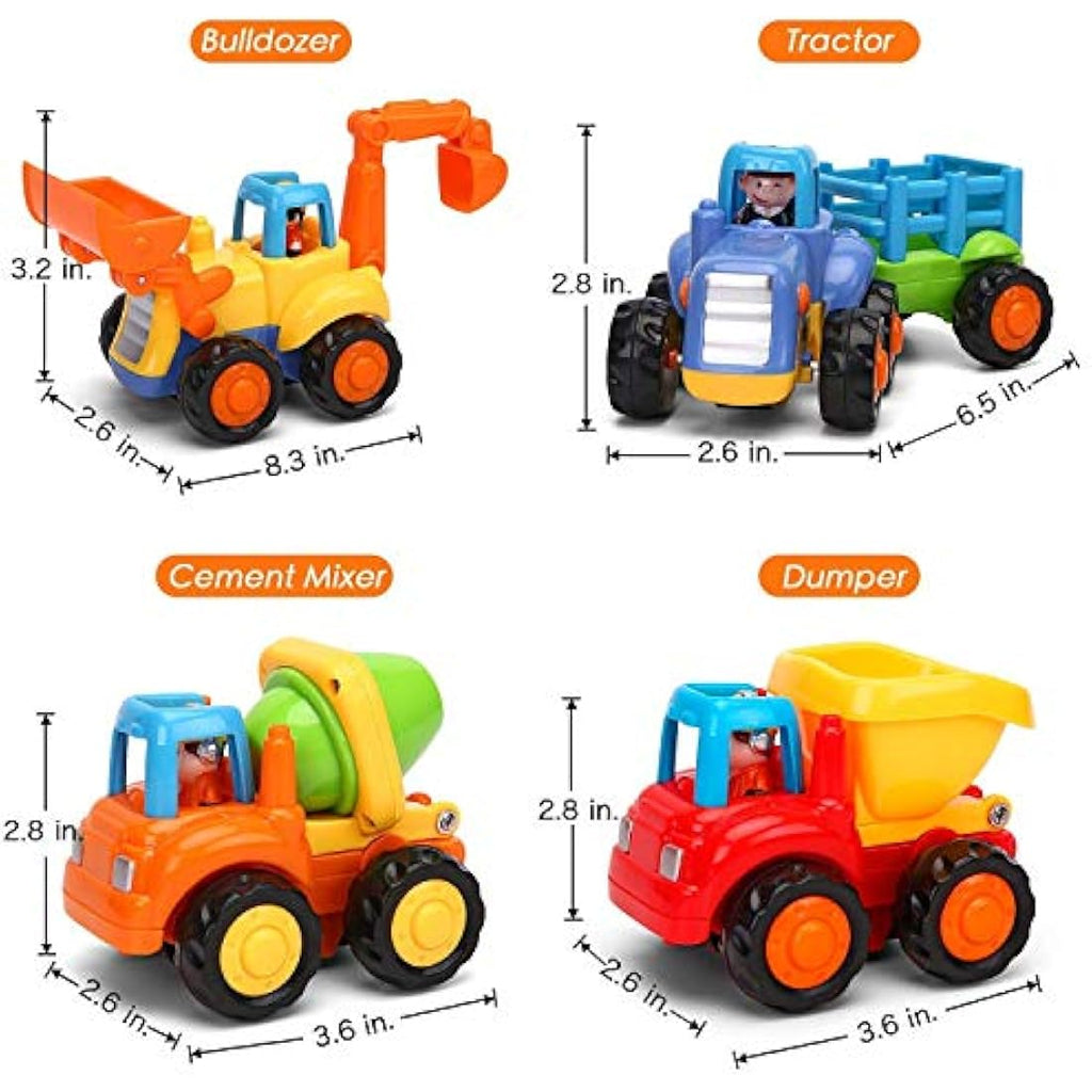MOONTOY Push and Go Friction Powered Construction Toy Cars - 4 Pack