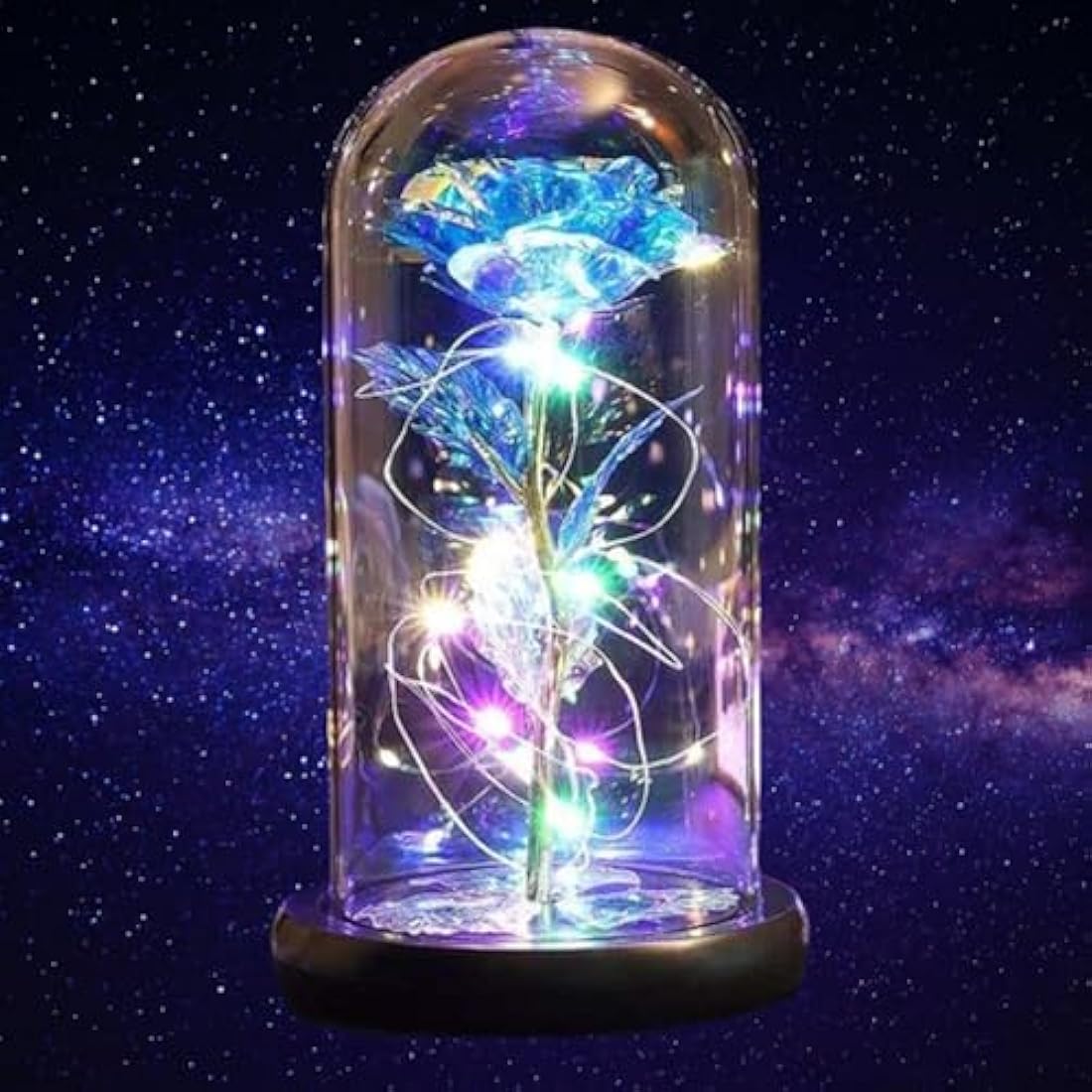 QUELIEN Galaxy Rose in Glass Dome – LED Blue Eternal Flower Gift for Her