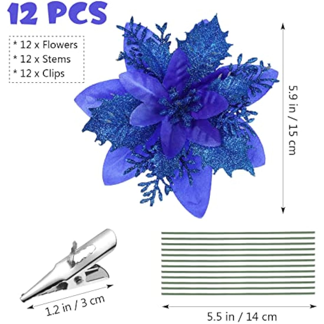 12Pcs Blue Glitter Artificial Poinsettia Christmas Flowers