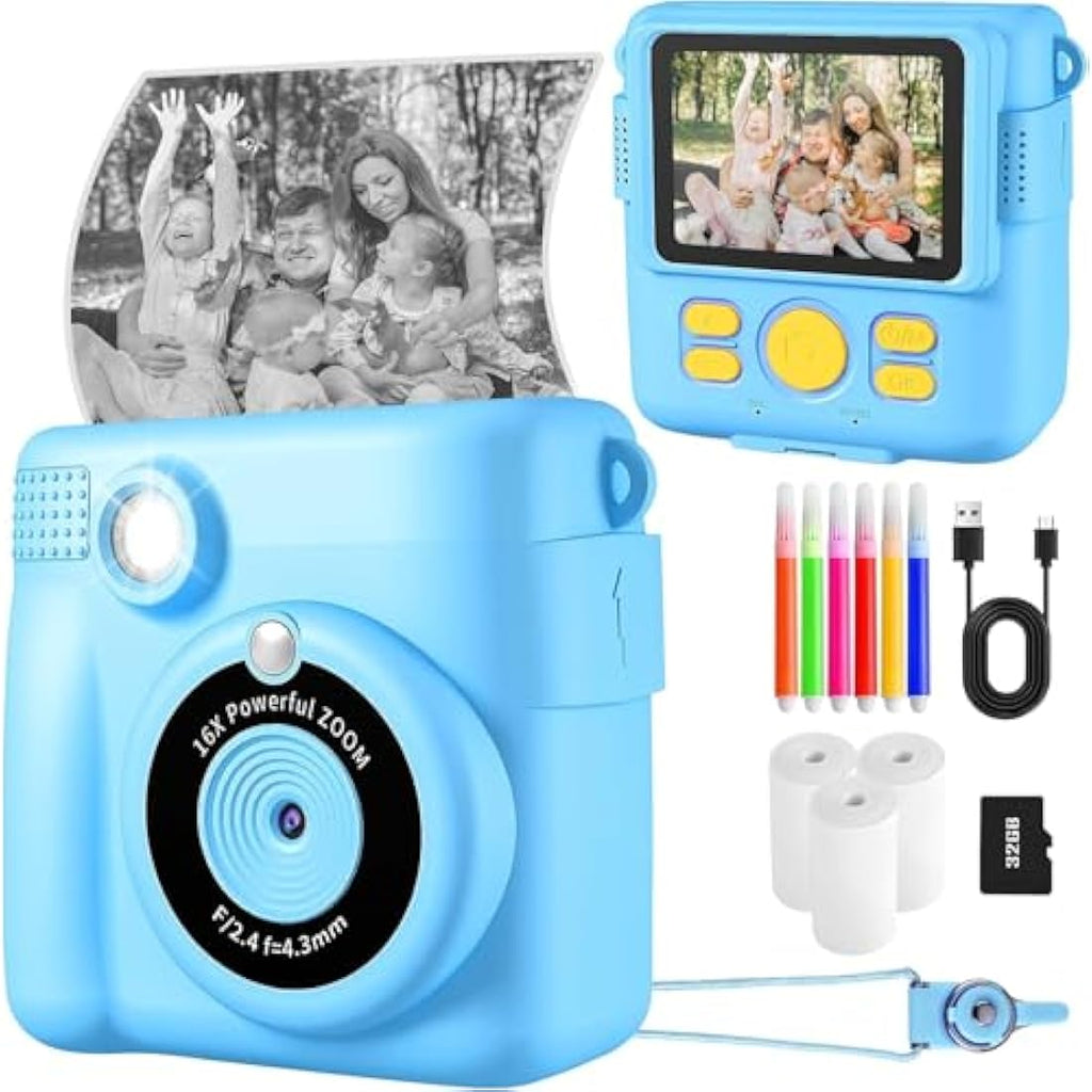 YKSLEMON Kids Instant Print Camera - 1080P Digital Camera with 32GB SD - Blue