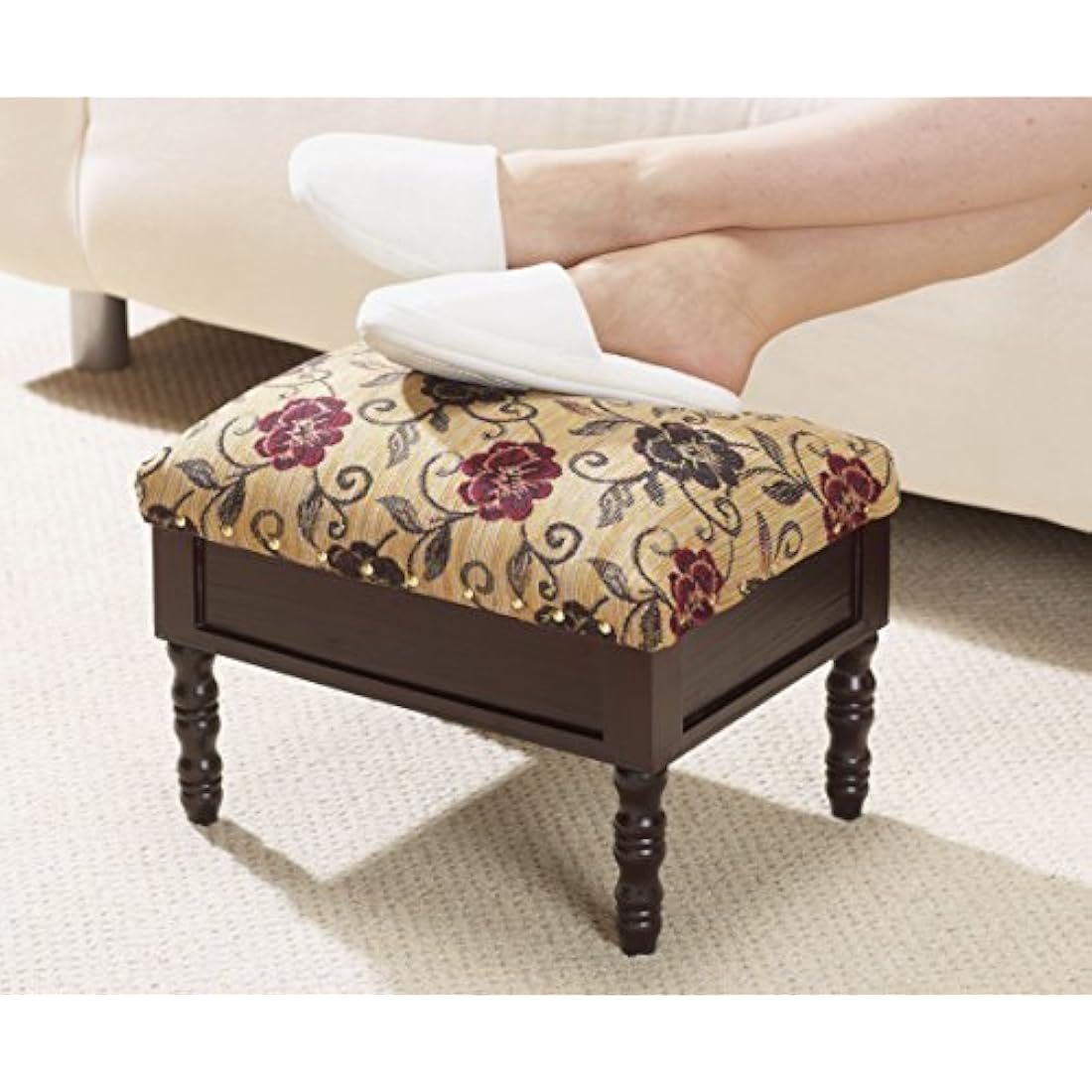 Floral Storage Footstool – Padded Ottoman with Wood Legs