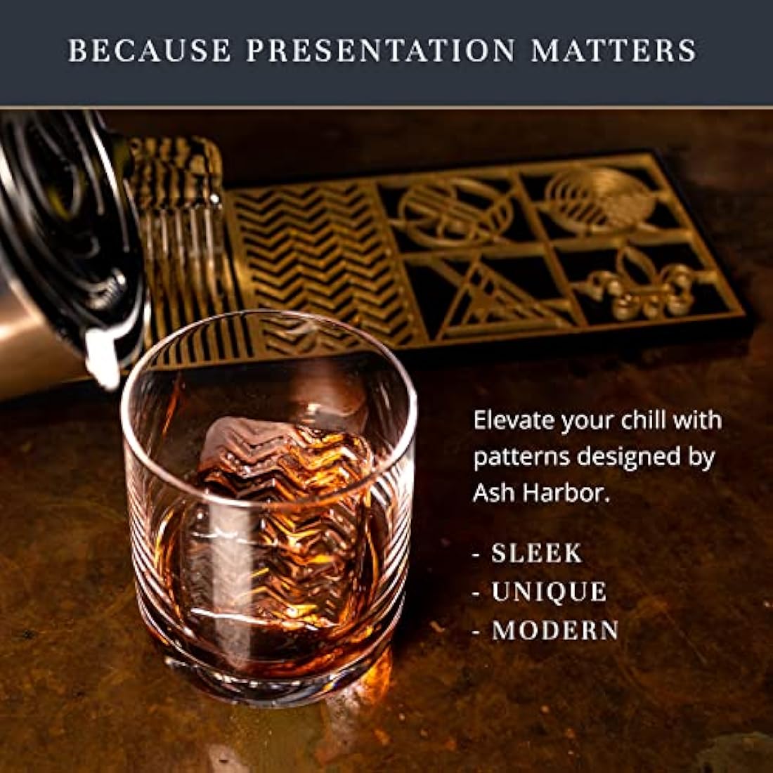 Ash Harbor Ice Designer Tray – Aluminum Stamp for Whiskey Cocktails