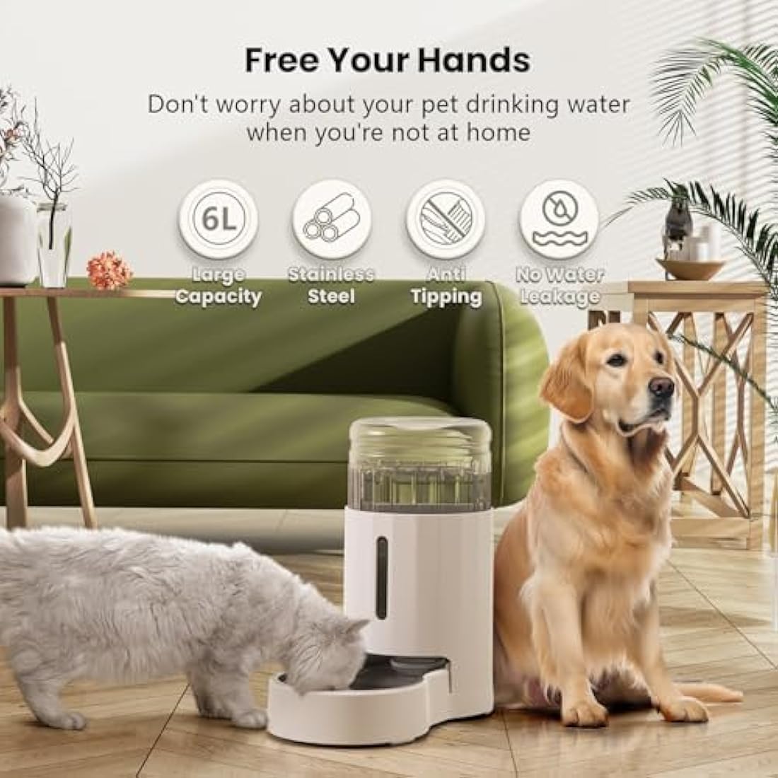 JUNSPOW 6L Gravity Pet Water Dispenser – Stainless Steel Automatic Waterer