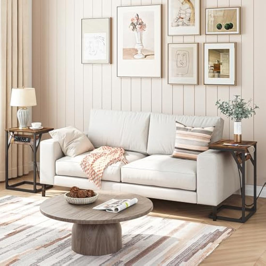 HOOBRO C Shaped Side Table with Charging Station | Rustic Brown & Black