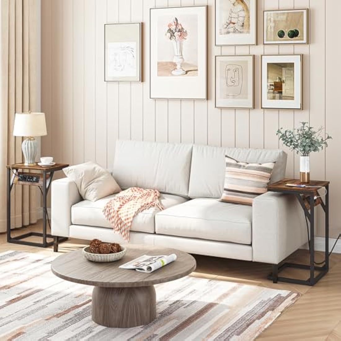 HOOBRO C Shaped Side Table with Charging Station | Rustic Brown & Black