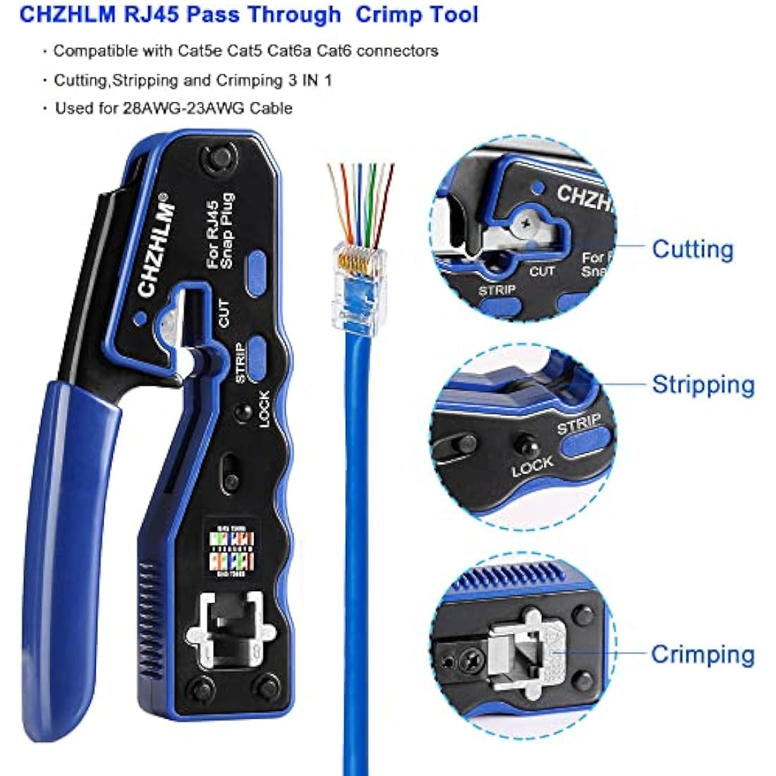 CHZHLM RJ45 Pass Through Crimp Tool Kit with Cat6 Connectors & Tester