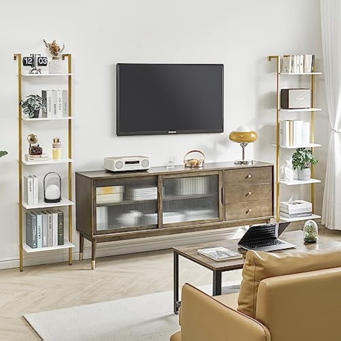 YMYNY 5-Tier Wall Mounted Ladder Shelf – Industrial Metal Bookcase, White