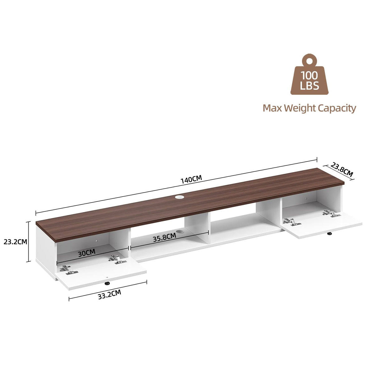 FloatiCasa 140cm Walnut & White Floating TV Unit, 2 Doors & 2 Open Cabinets - image 5
