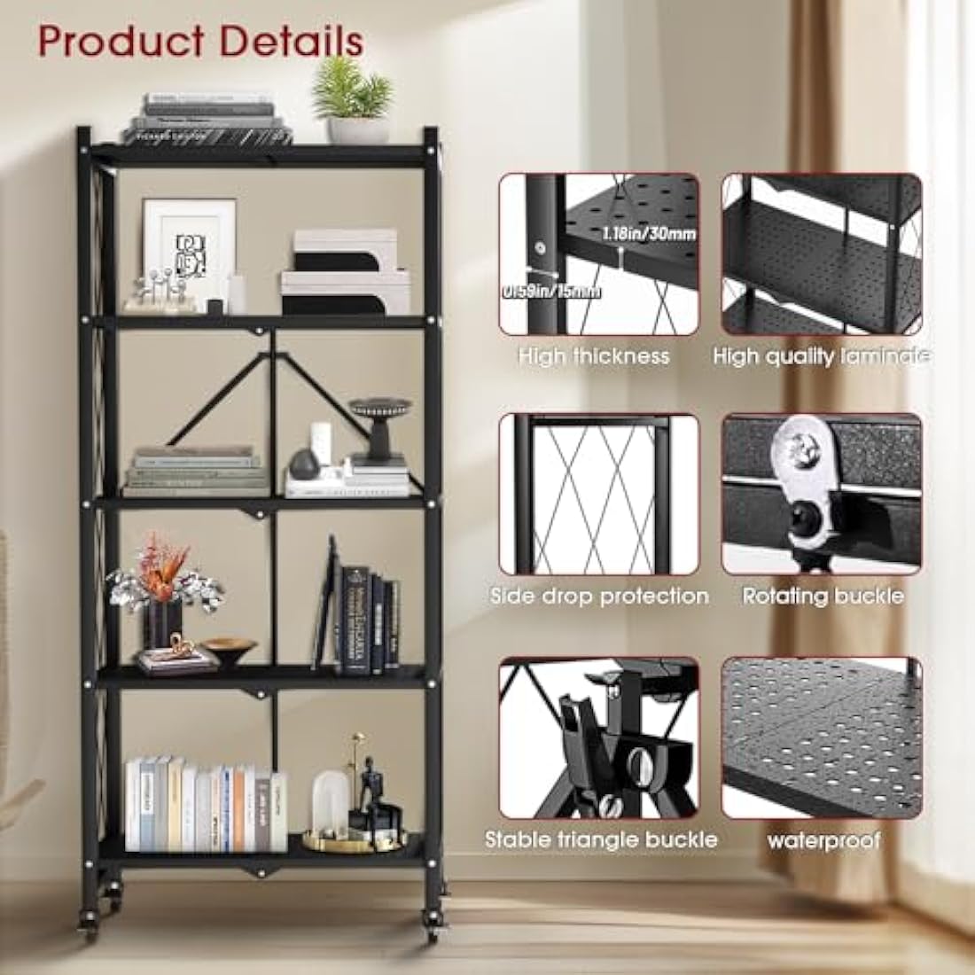 5-Tier Foldable Rolling Storage Rack | Heavy Duty Steel Shelf