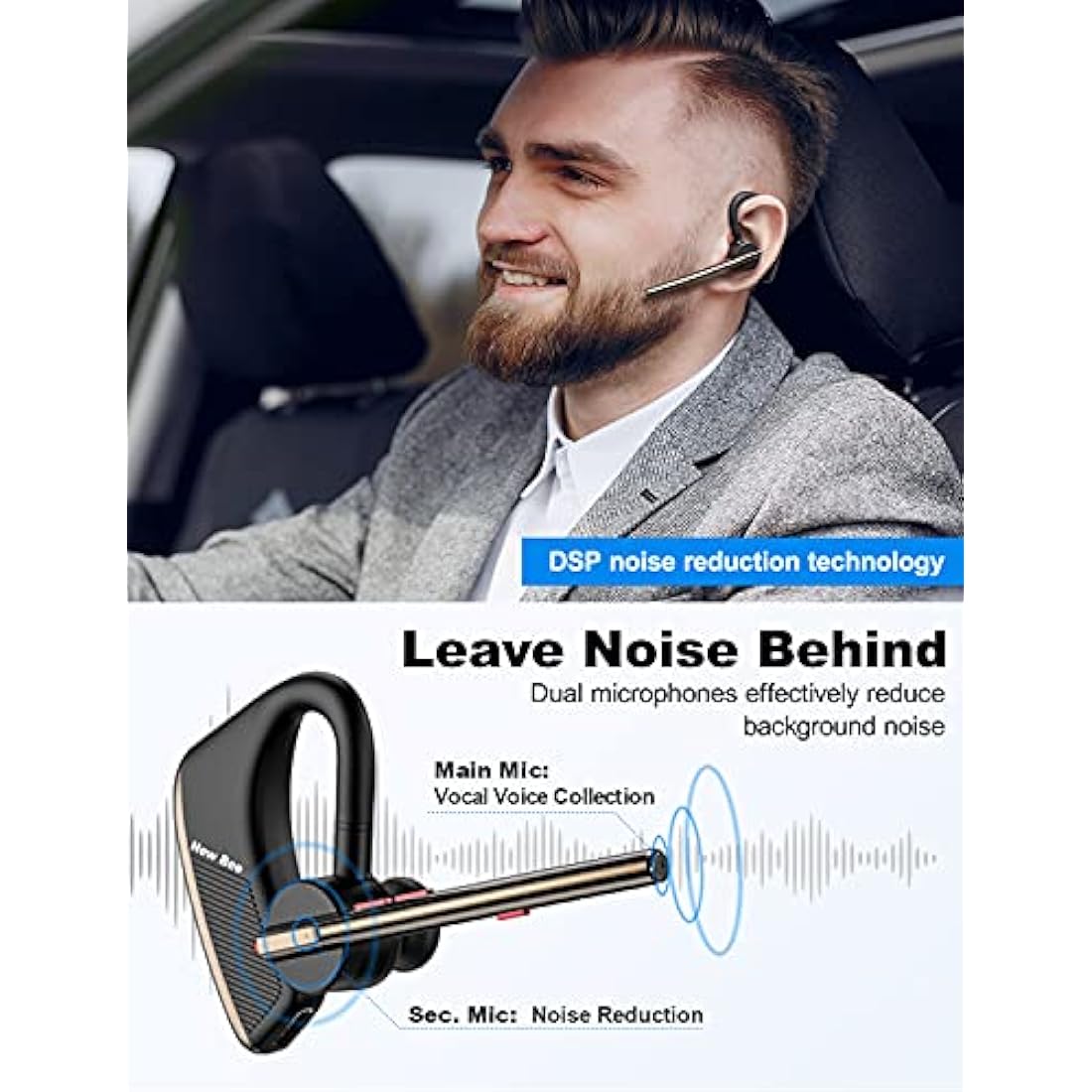 New Bee Bluetooth Headset – Noise Cancelling Earpiece with 24H Talk Time