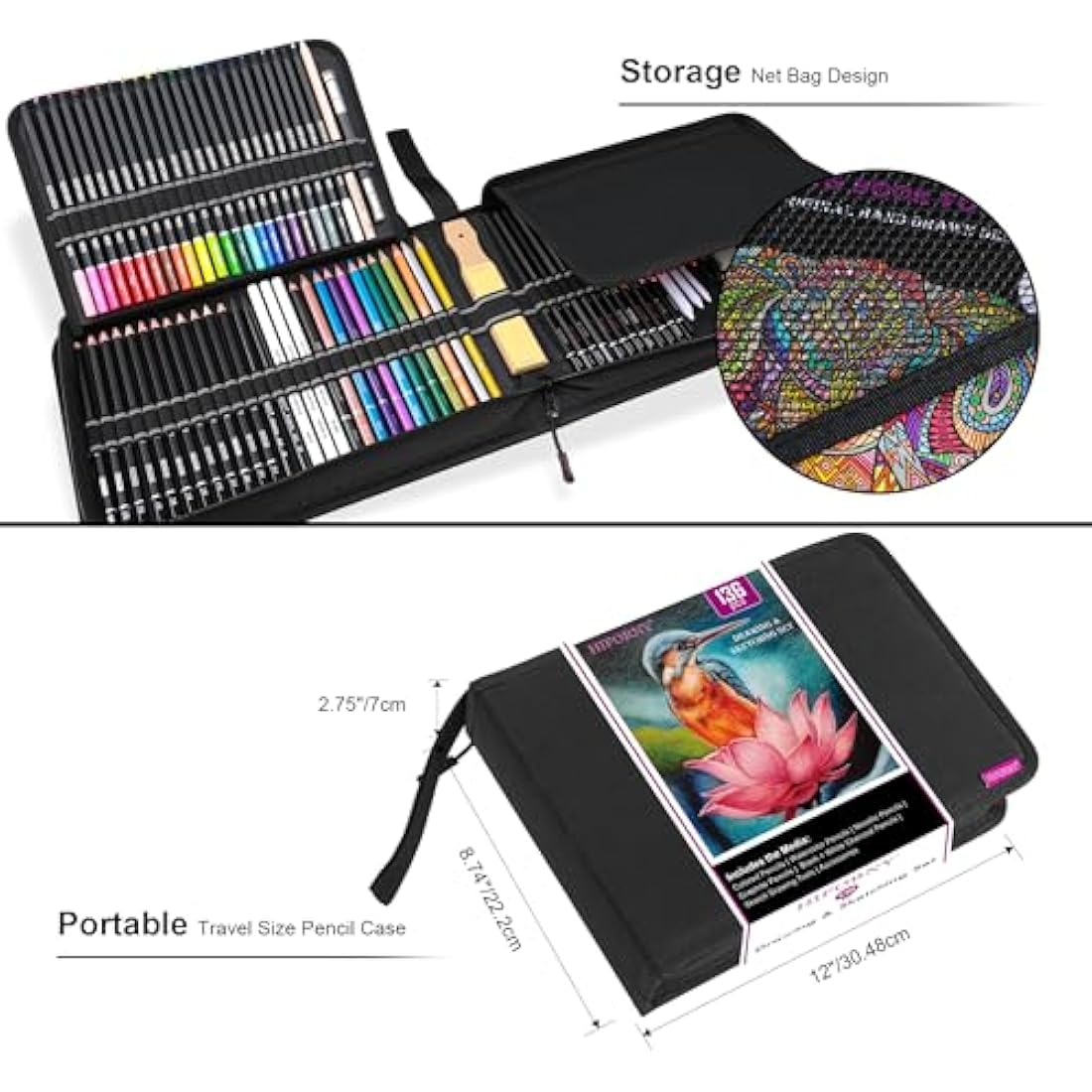HIFORNY 136-Piece Drawing & Sketching Set with 3 Books and Zipper Case