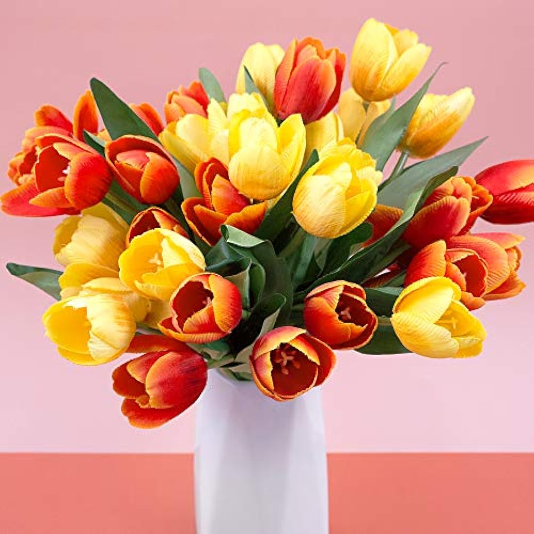 SnailGarden 36 Pcs Faux Silk Tulips - 13.8" Red & Yellow Floral Decor