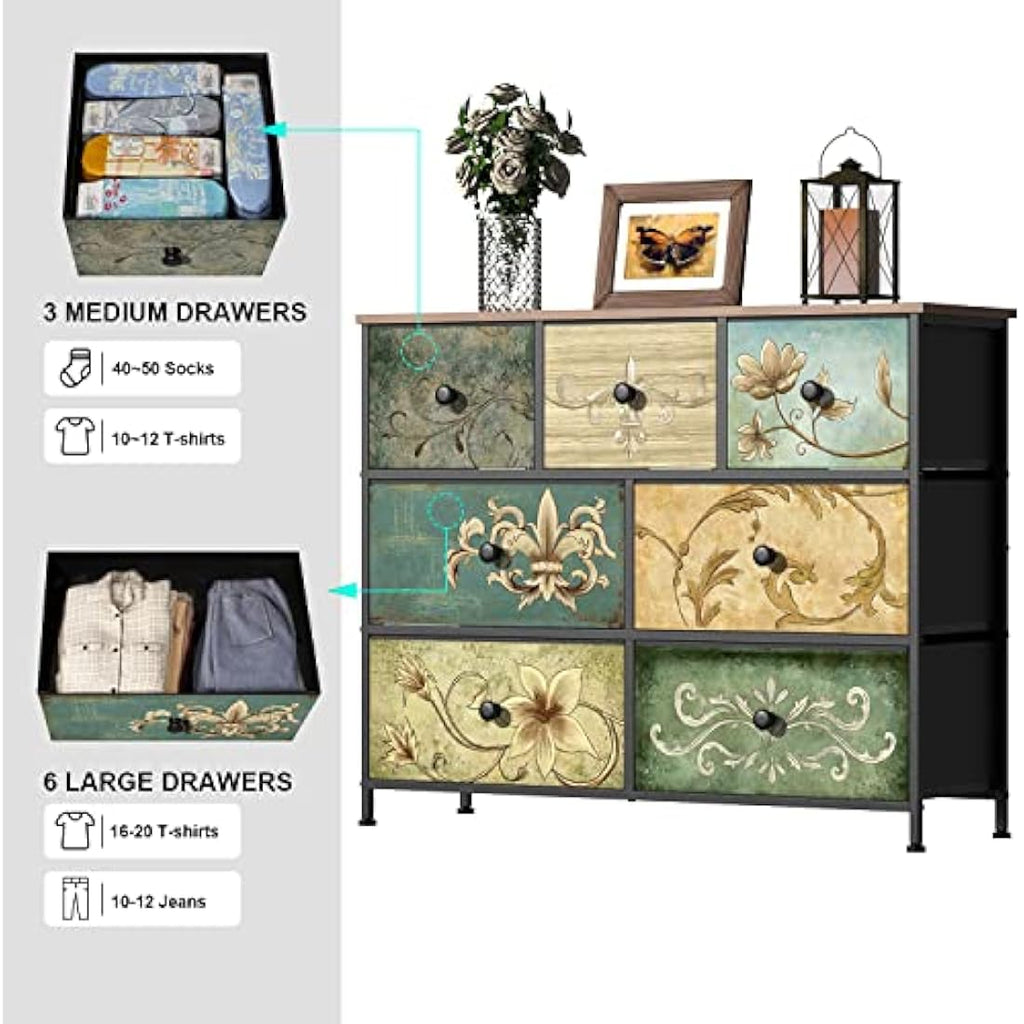 VEDECASA 7 Drawer Dresser – Vintage Fabric Chest of Drawers Storage Unit