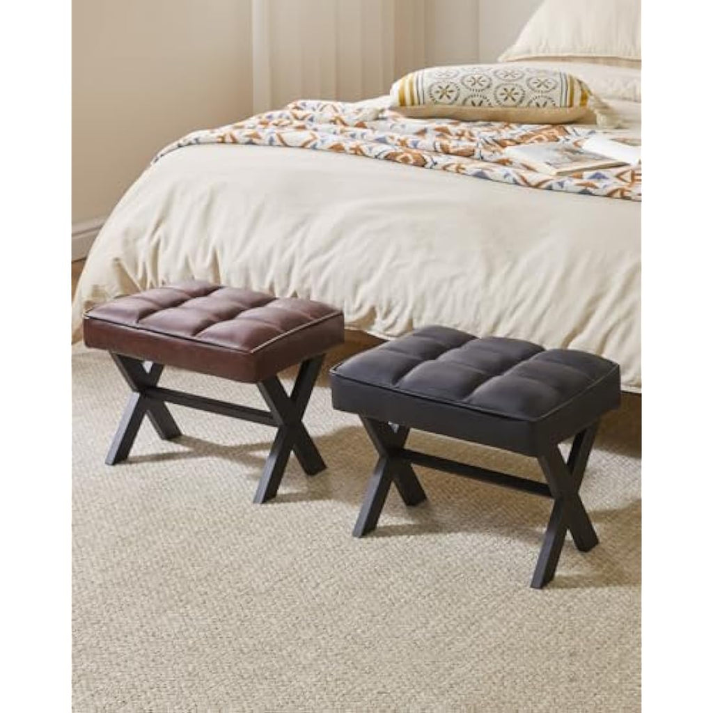 IBUYKE Square PU Leather Footrest Stool | Modern Metal X-Leg Side Table
