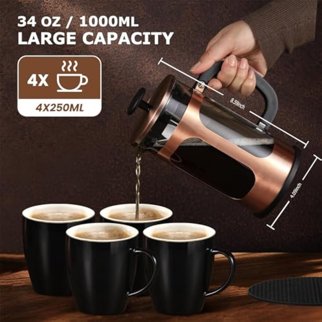 KOOYAT French Press Coffee Maker | 1000ml Copper & Borosilicate Glass